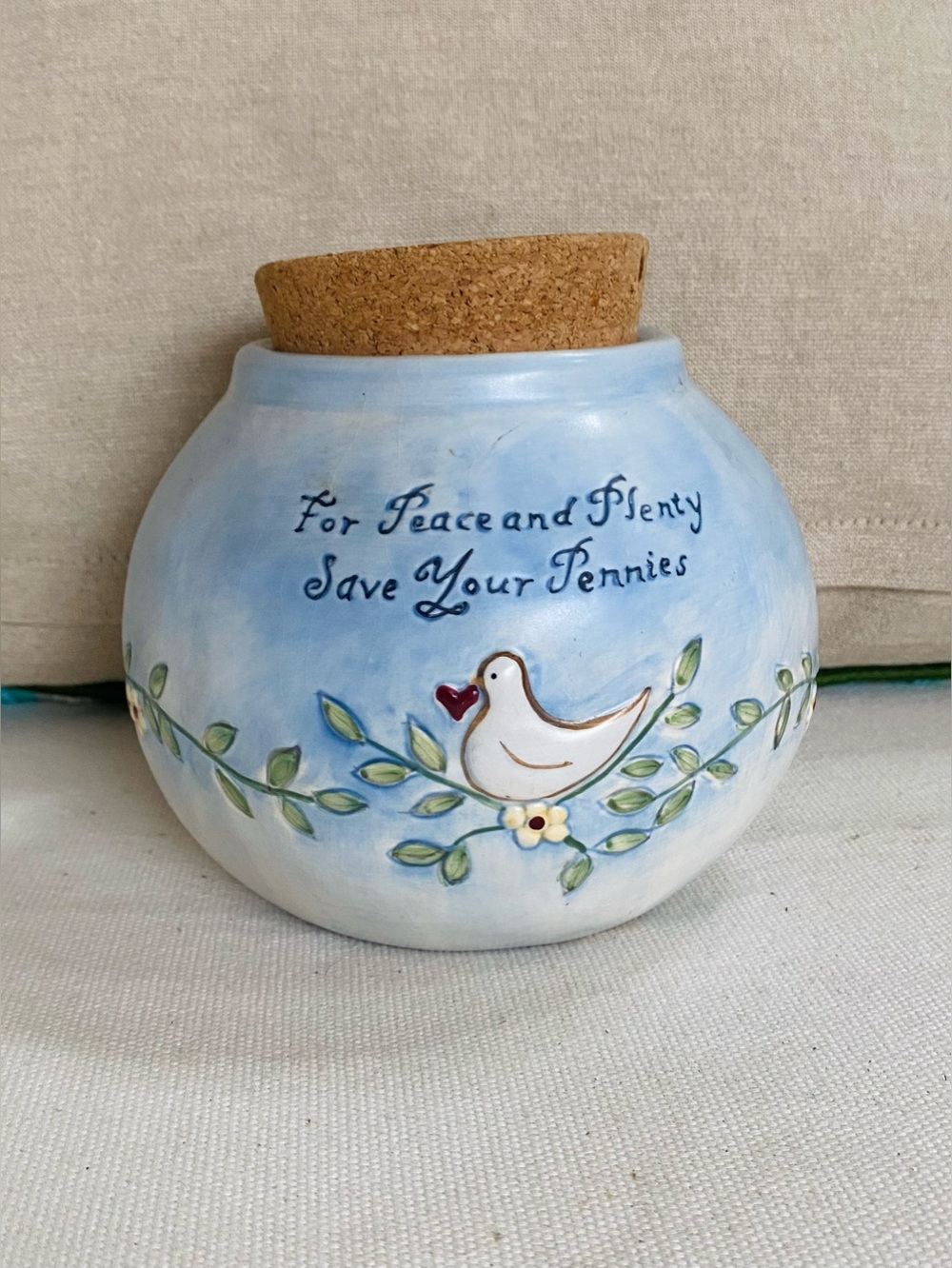 VTG 1980s Russ Berrie Save Your Pennies Stoneware Crock Bank with Cork Lid